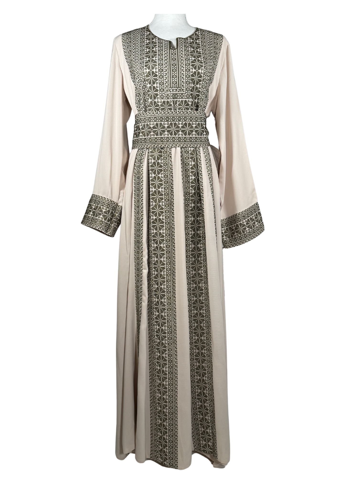 Rayhãna Beige and Pine Green Four Lines Embroidered Thobe