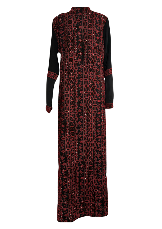 Zaina Black & Red Full Embroidered Zip-Up Thobe